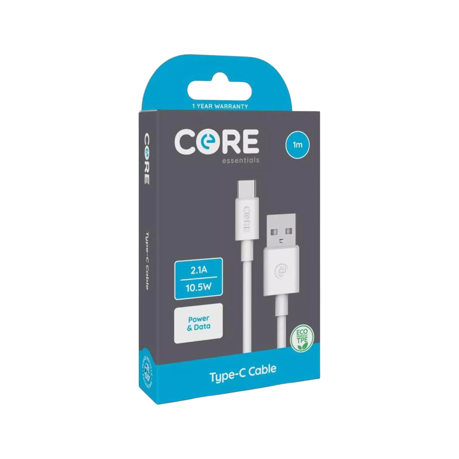 0.71085500 173988071413326877.jpg Core Type-C Cable 1m TPE White 2.1A/10.5W - Image 1